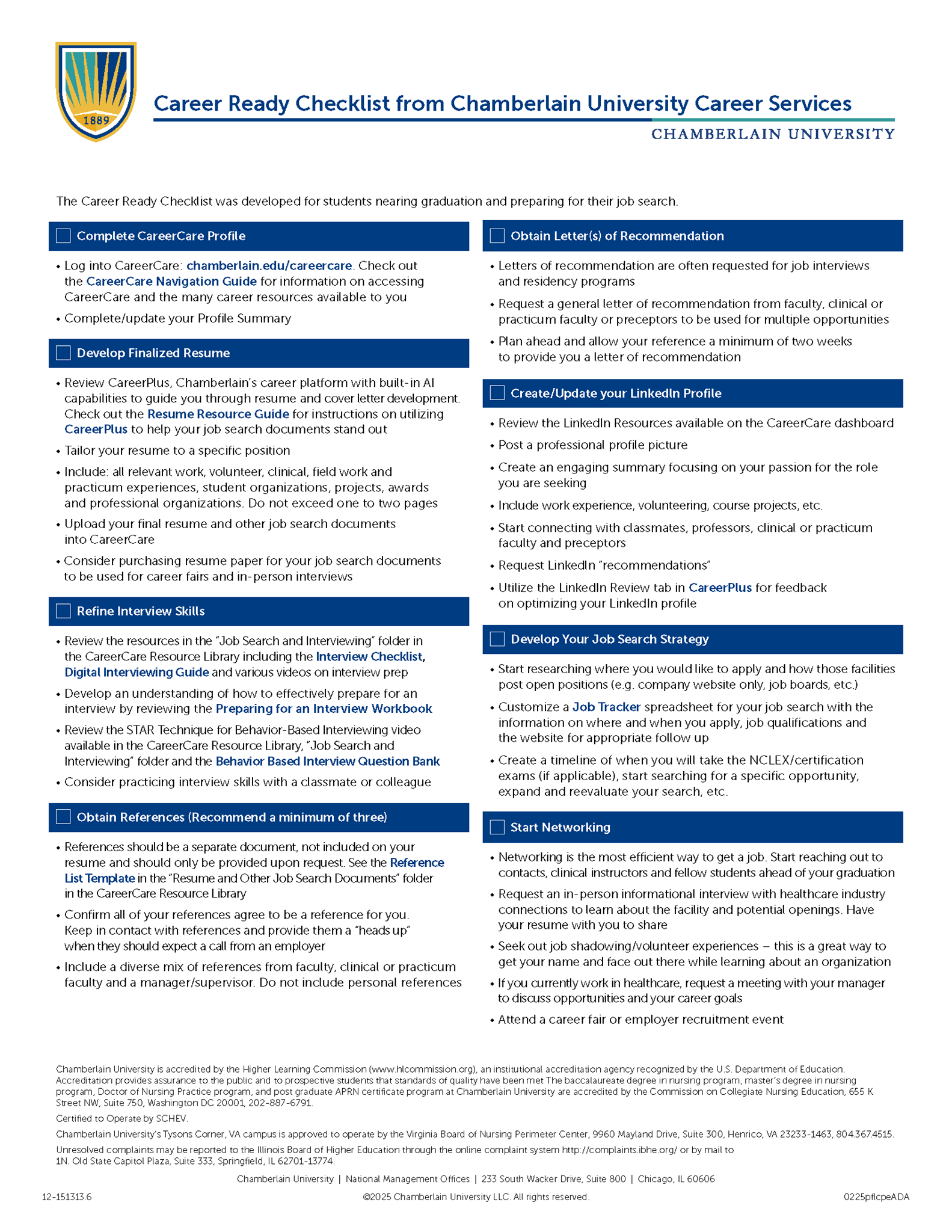 Picture of Career Ready Checklist from Chamberlain University Career Services